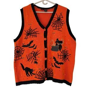 Vintage Halloween knit sweater vest nostalgia 90s Y2K ugly sweater witch bat 2X